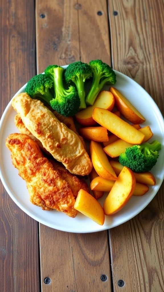 Quick and Easy Air Fryer Meals for Busy Nights A plate of crispy chicken, potato wedges, and roasted broccoli from the air fryer.